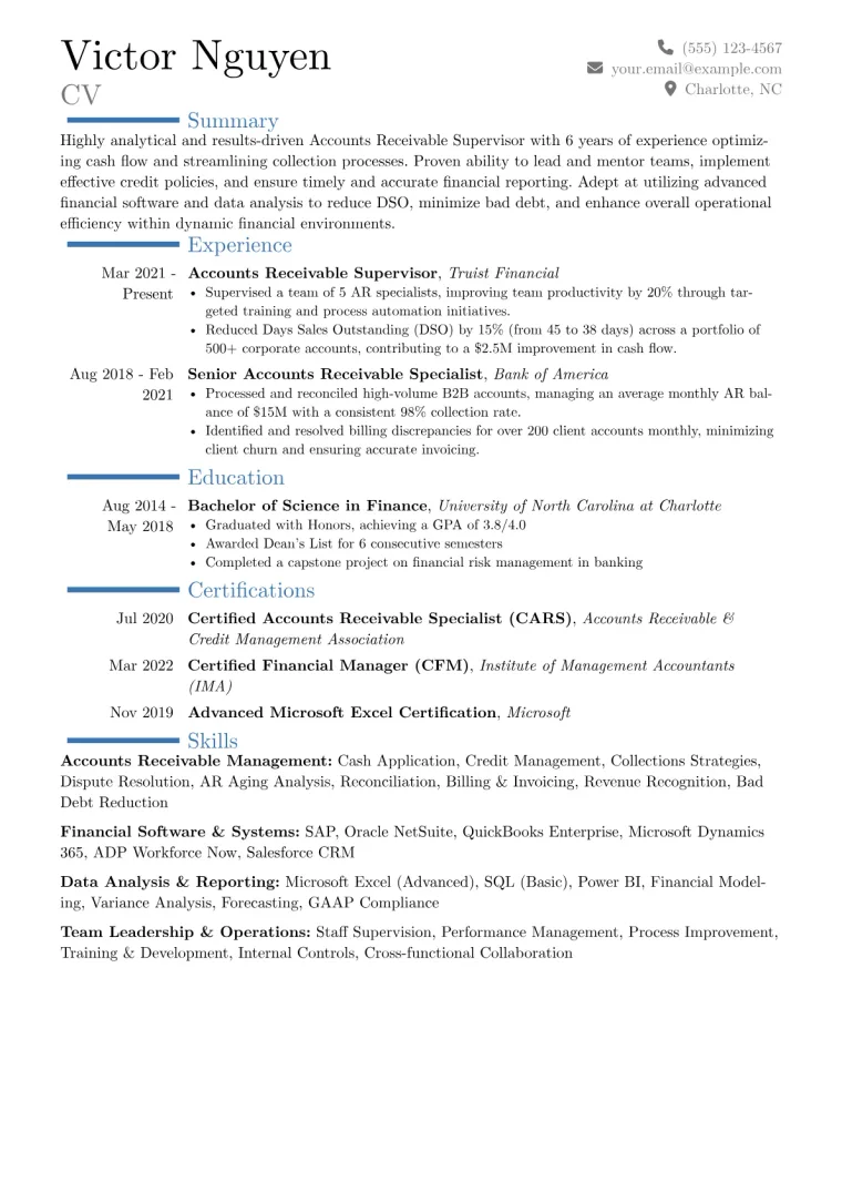 Accounts Receivable Supervisor Resume Example CV template preview