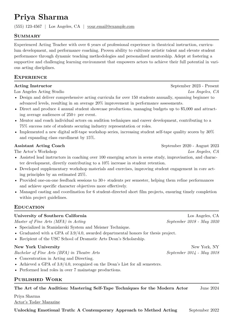 Acting Teacher Resume Example preview