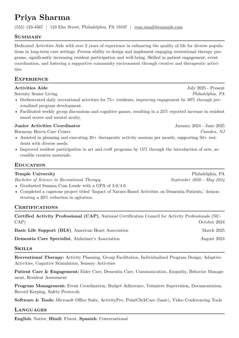 Activities Aide Resume Example preview