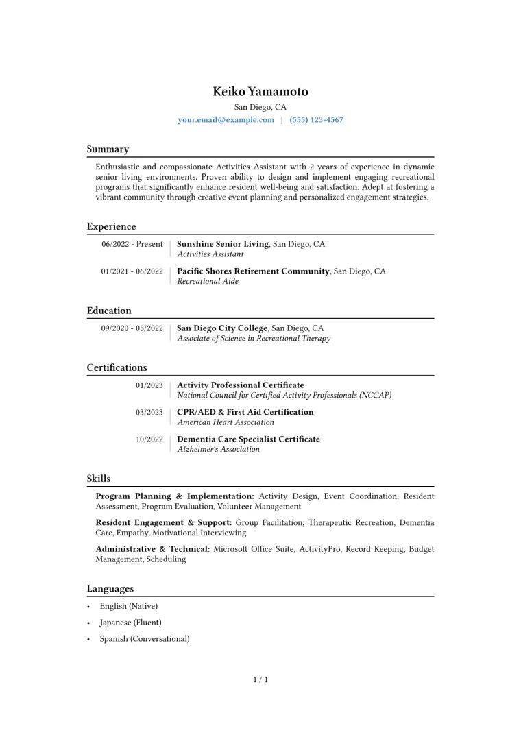 Activities Assistant Resume Example CV template preview