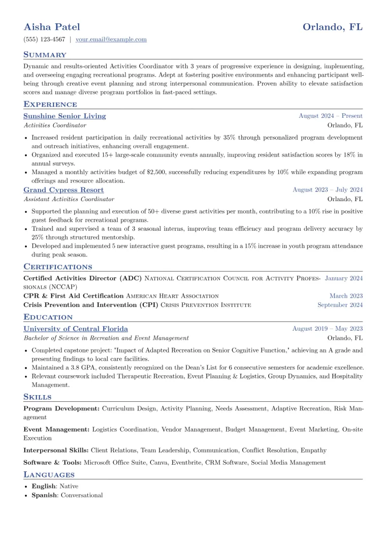 Activities Coordinator Resume Example CV template preview