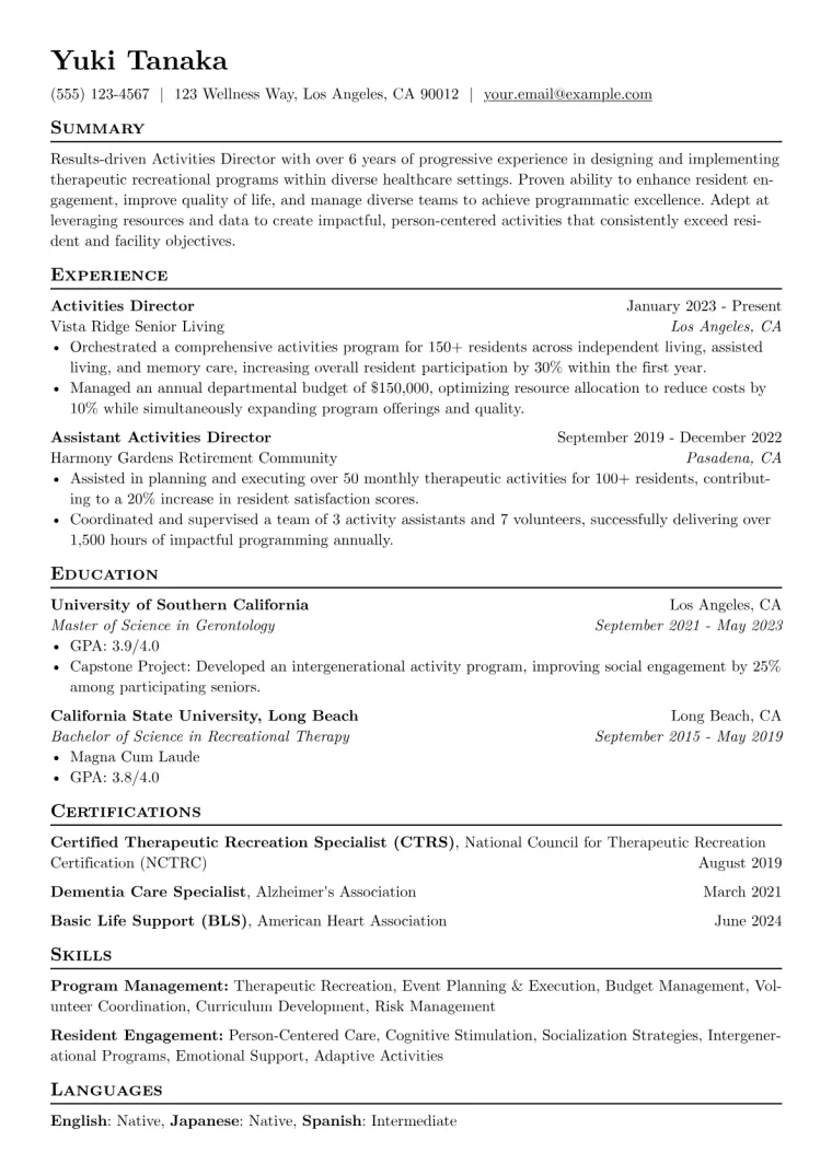 Activities Director Resume Example preview