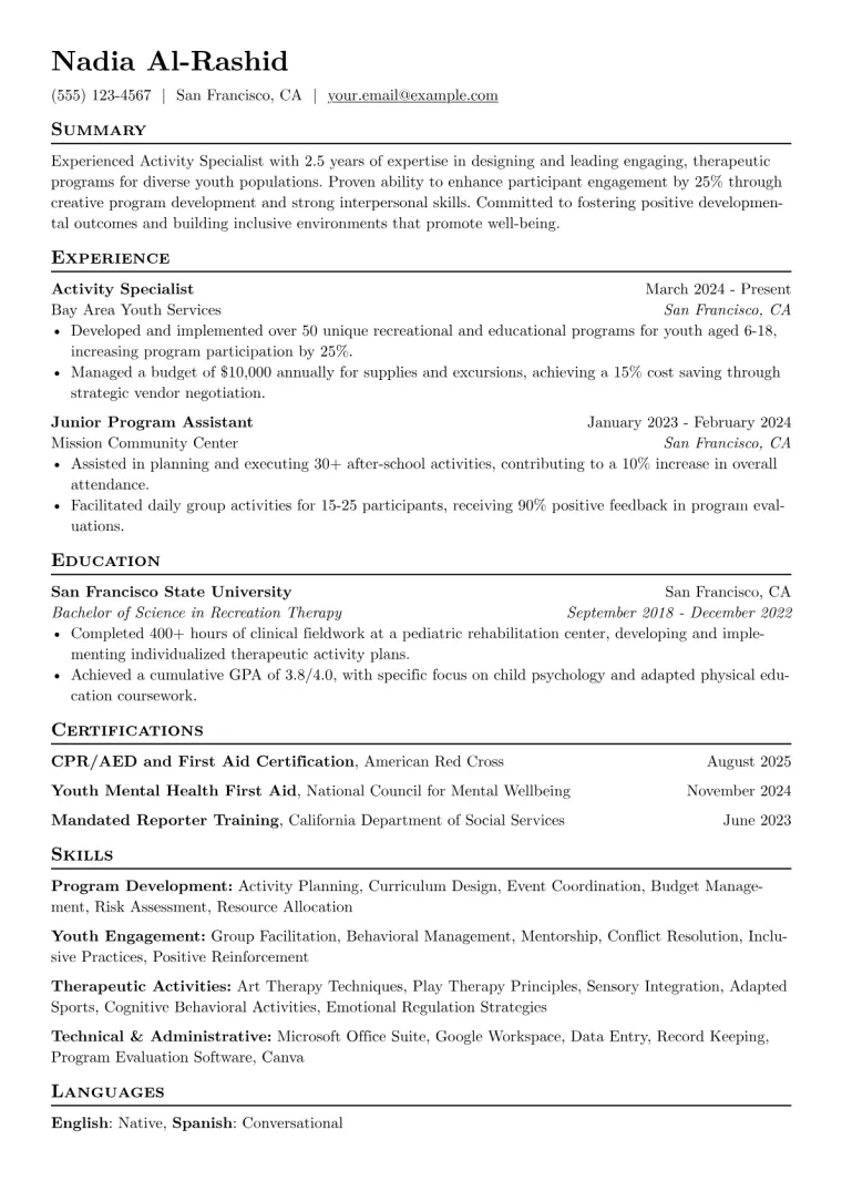 Activity Specialist Resume Example preview