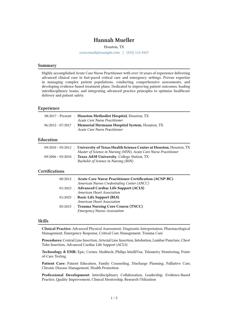 Acute Care Nurse Practitioner Resume Example CV template preview