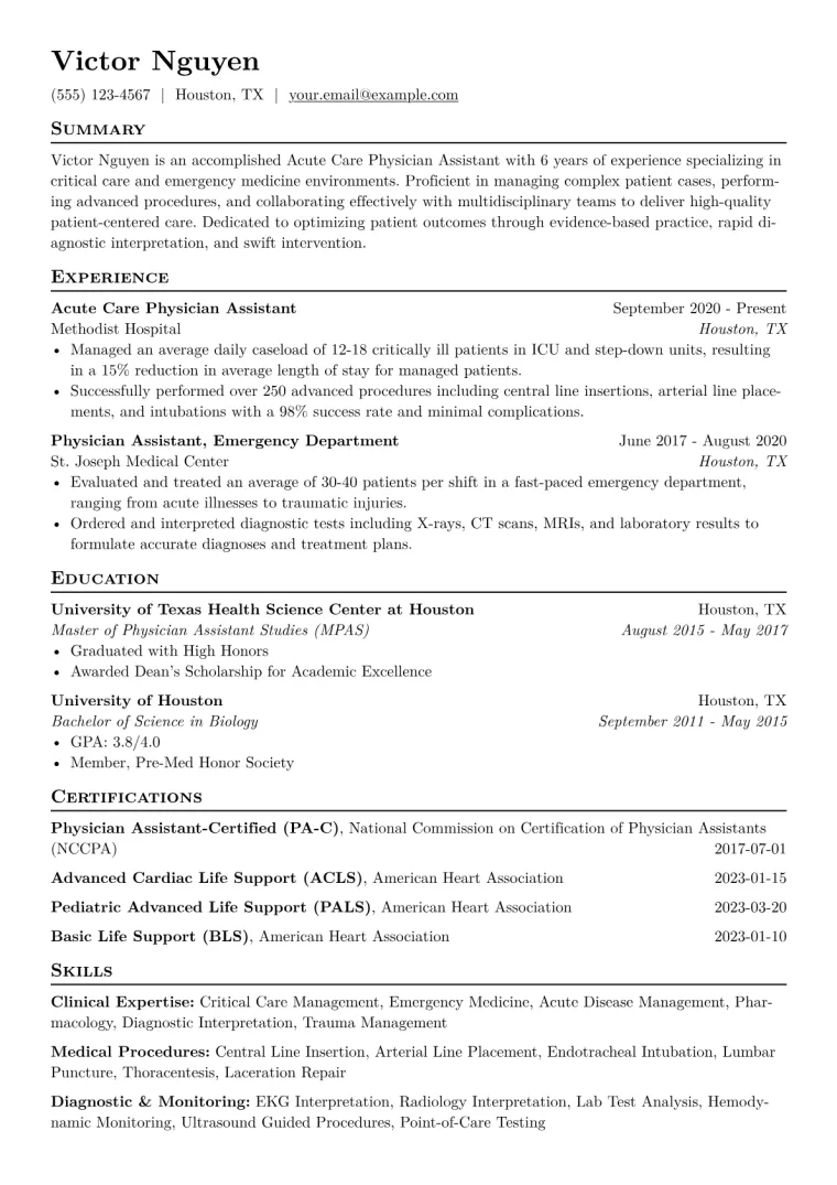Acute Care PA Resume Example CV template preview