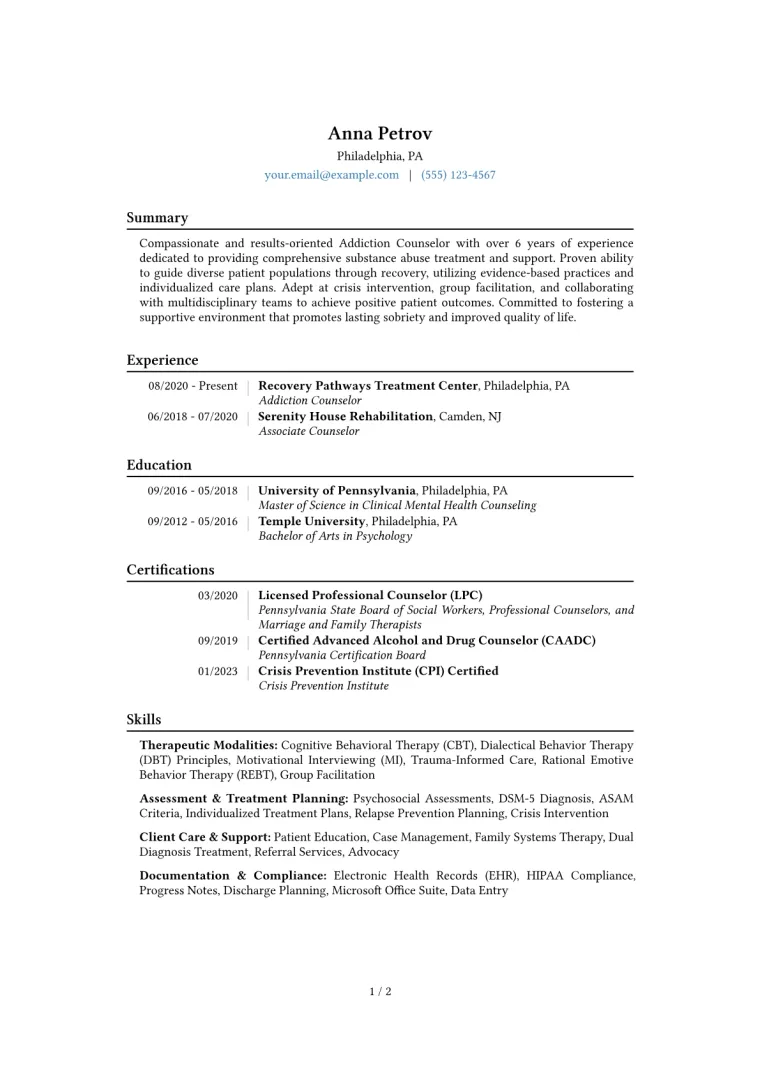 Addiction Counselor Resume Example CV template preview