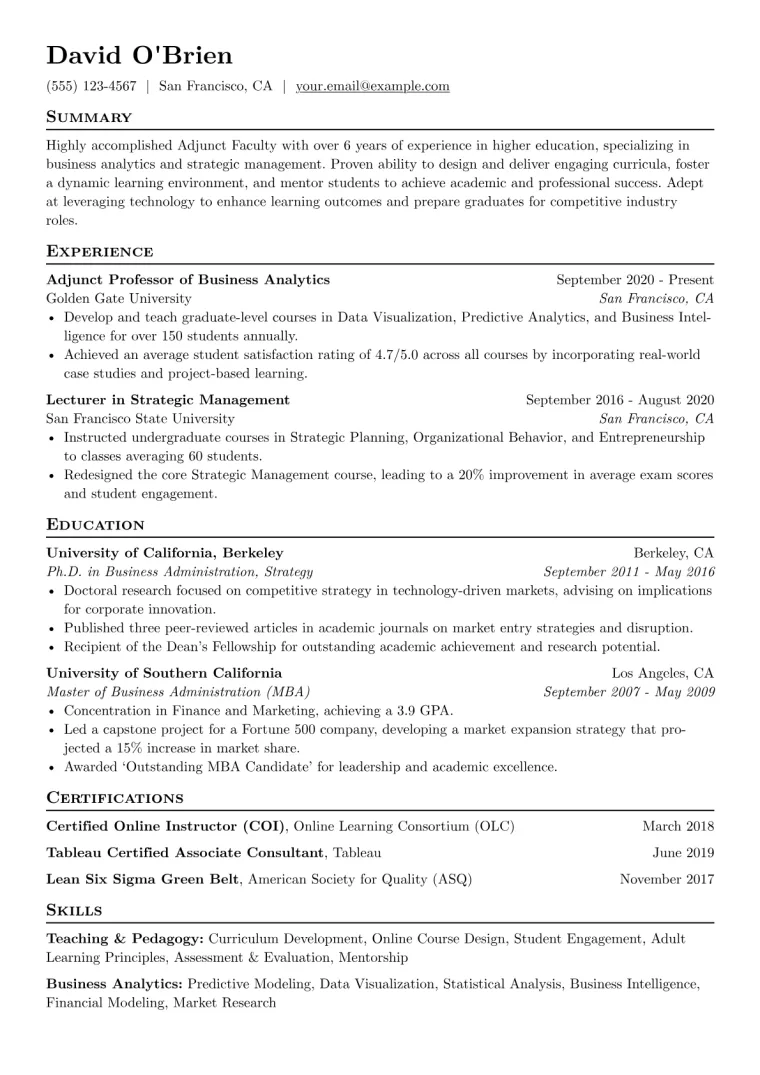 Adjunct Faculty Resume Example CV template preview