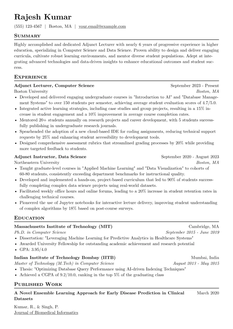 Adjunct Lecturer Resume Example preview