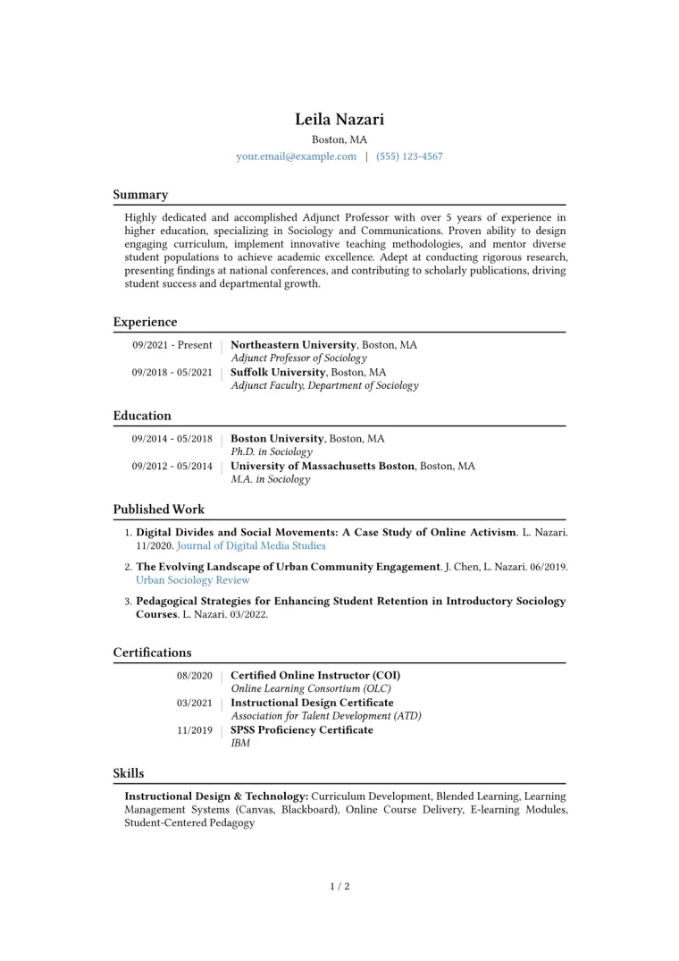 Adjunct Professor Resume Example CV template preview