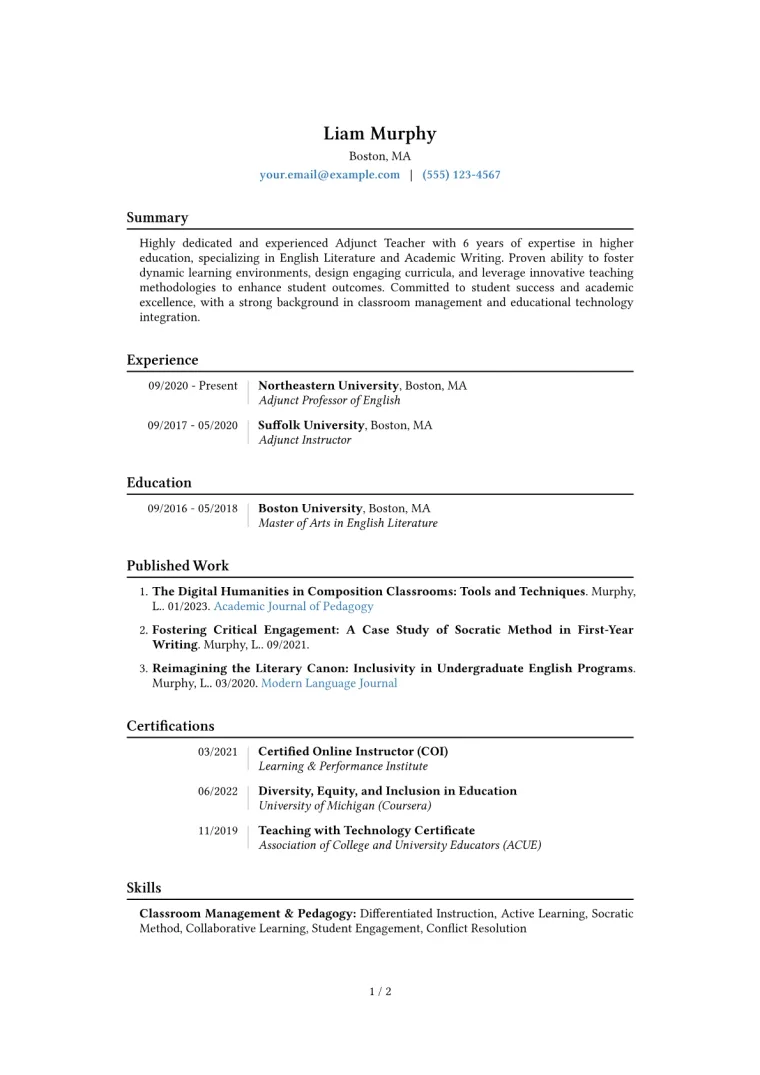 Adjunct Teacher Resume Example CV template preview