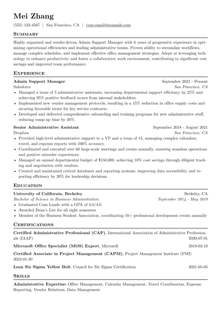 Admin Support Manager Resume Example CV template preview