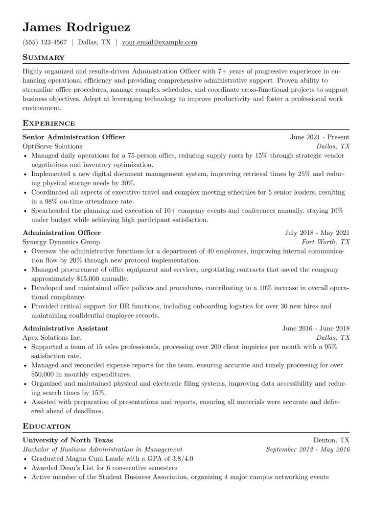 Administration Officer Resume Example CV template preview