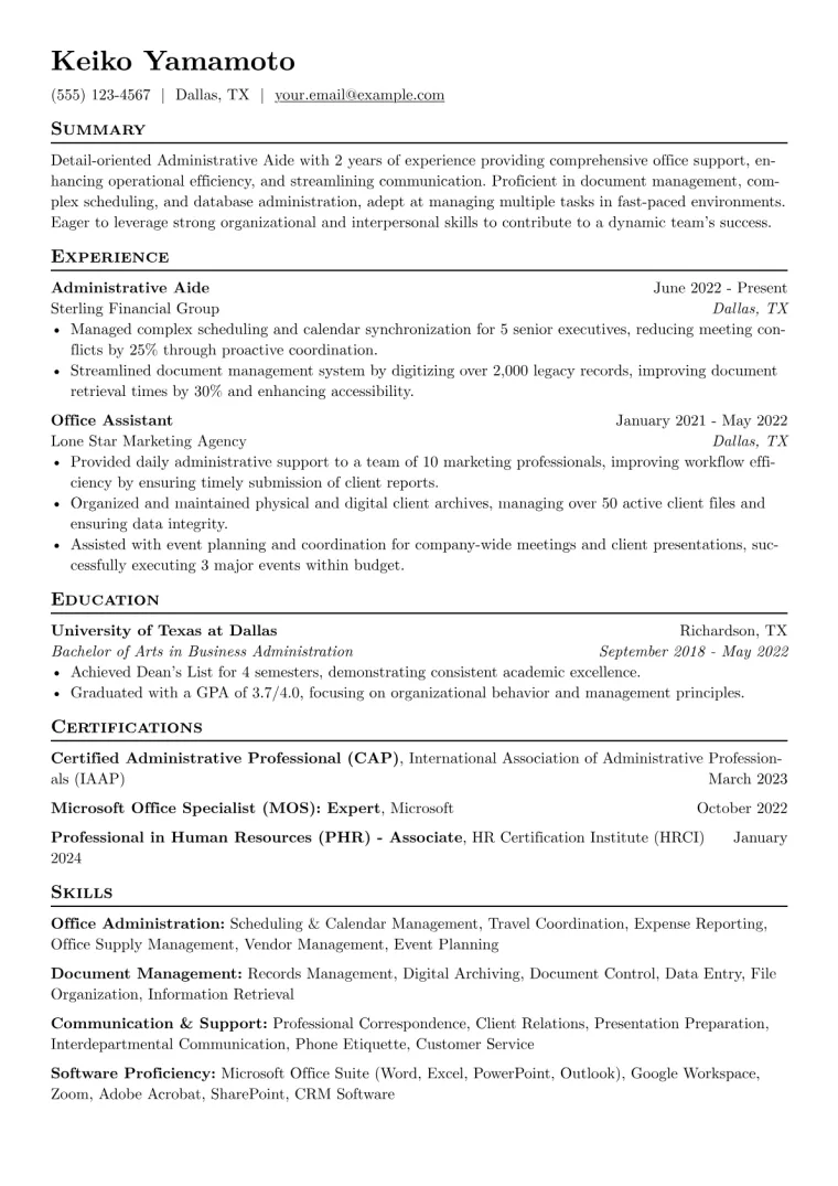Administrative Aide Resume Example CV template preview