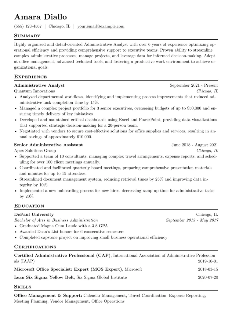 Administrative Analyst Resume Example CV template preview