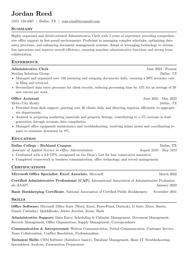 Administrative Clerk Resume Example CV template preview