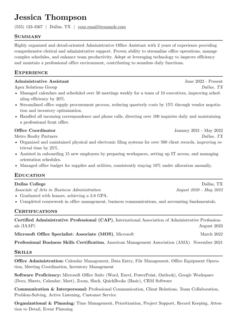 Administrative Office Assistant Resume Example CV template preview