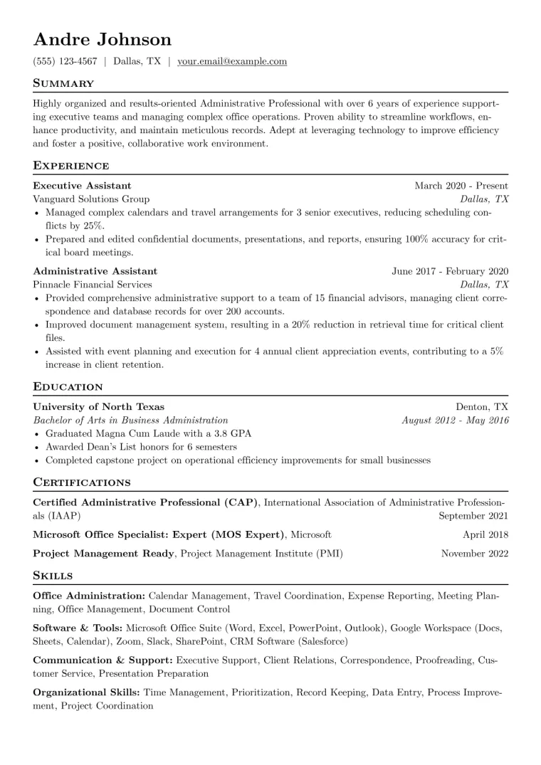 Administrative Resume Example CV template preview