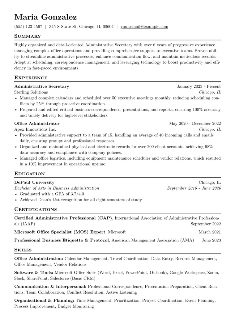 Administrative Secretary Resume Example CV template preview