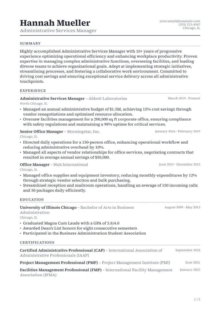 Administrative Services Manager Resume Example in the Folio template
