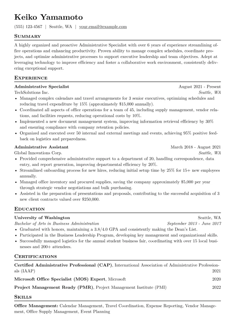 Administrative Specialist Resume Example CV template preview