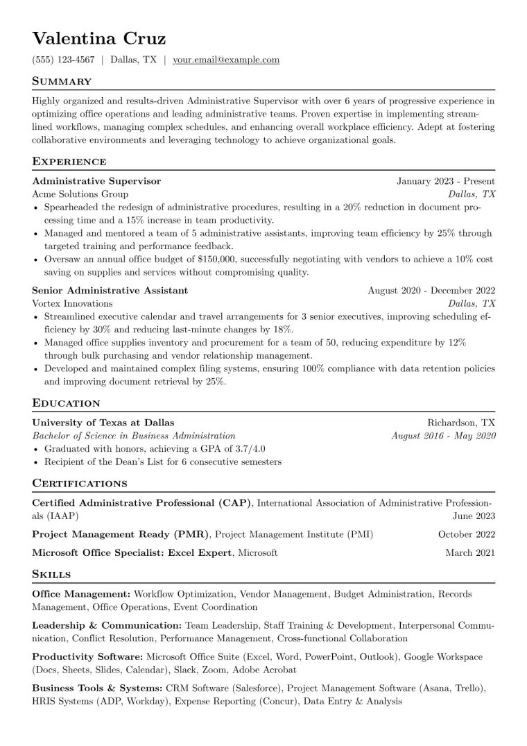 Administrative Supervisor Resume Example preview