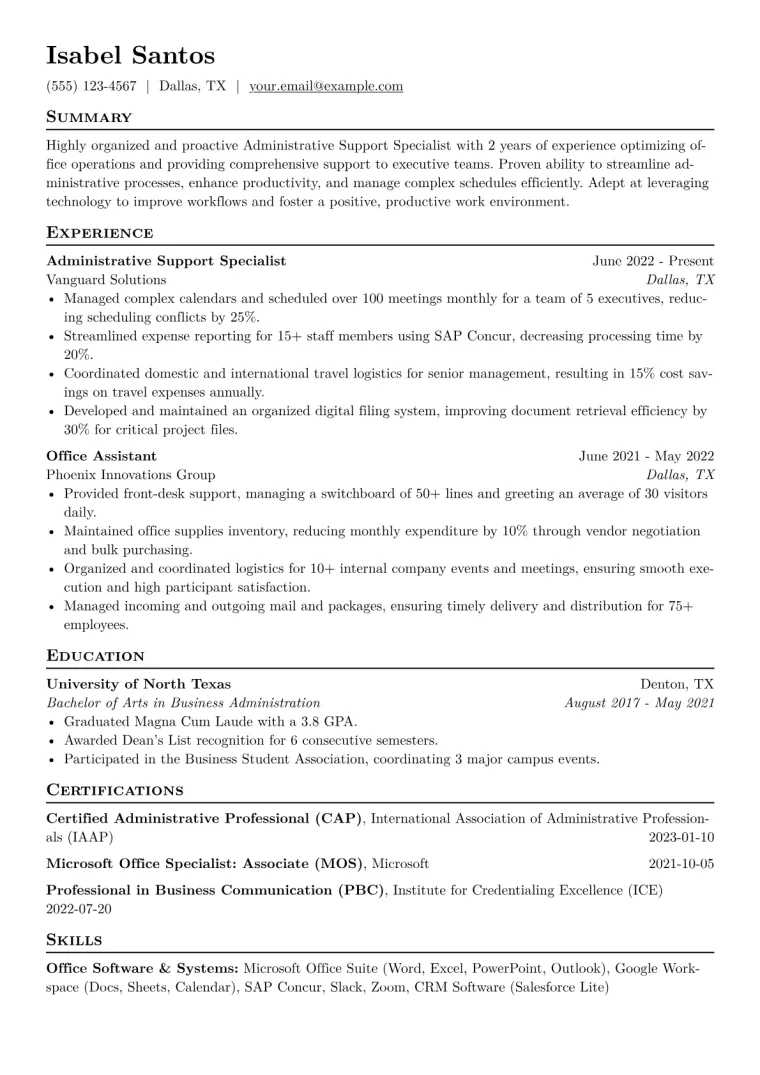 Administrative Support Specialist Resume Example CV template preview
