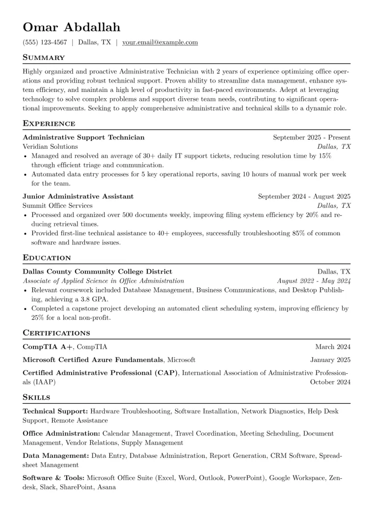 Administrative Technician Resume Example preview