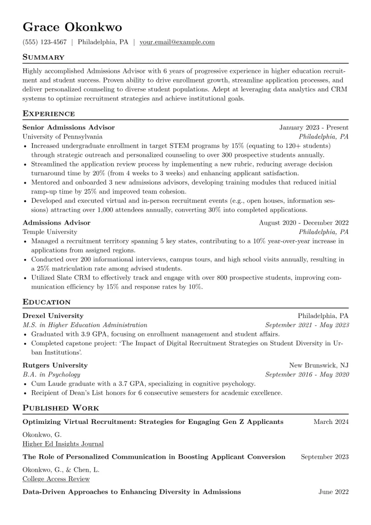 Admissions Advisor Resume Example preview