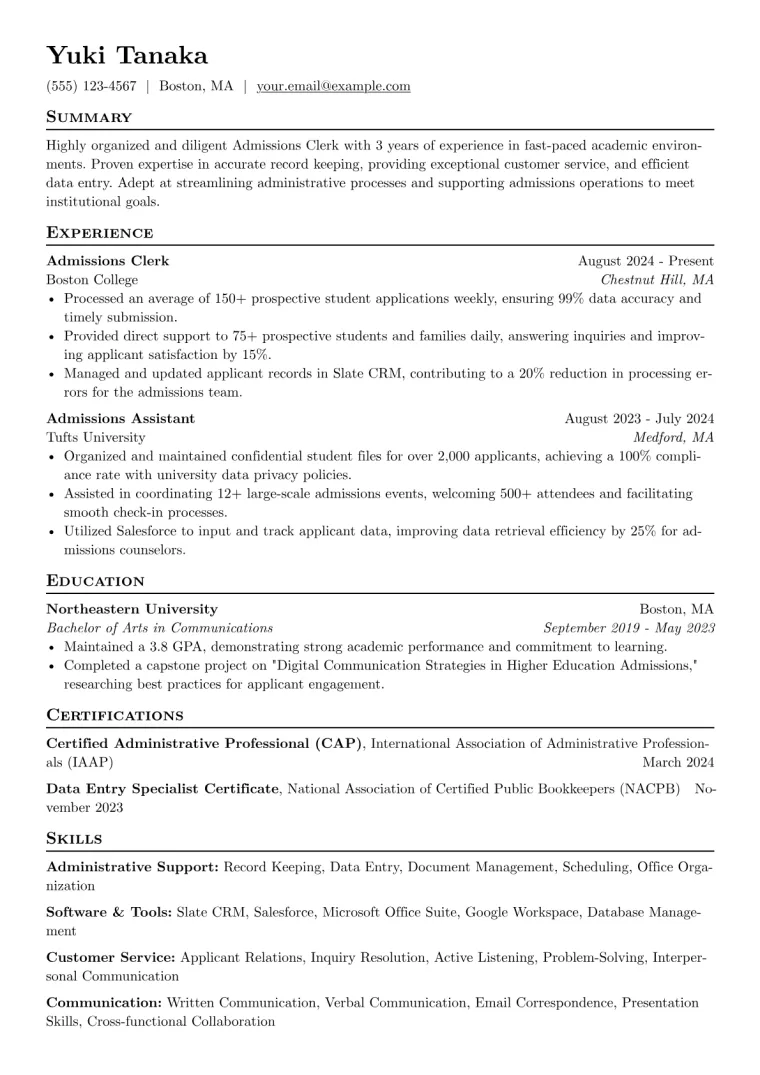 Admissions Clerk Resume Example preview