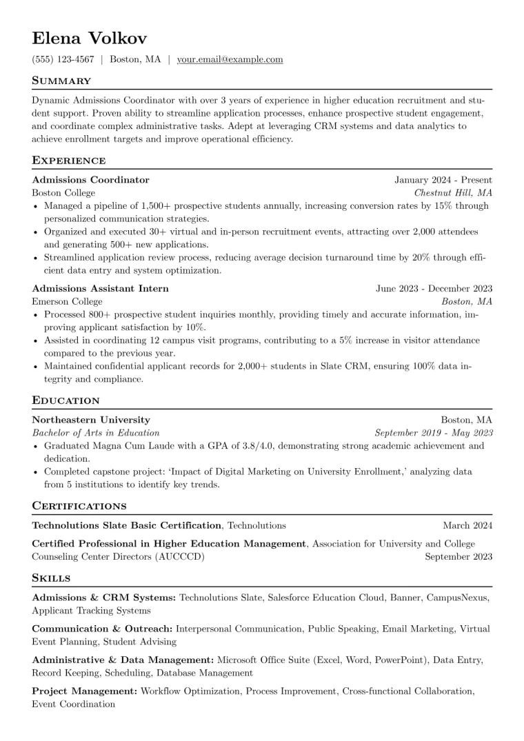 Admissions Coordinator Resume Example preview