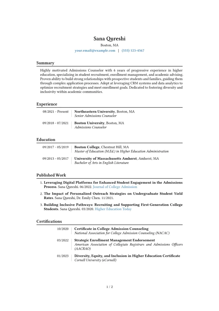 Admissions Counselor Resume Example CV template preview