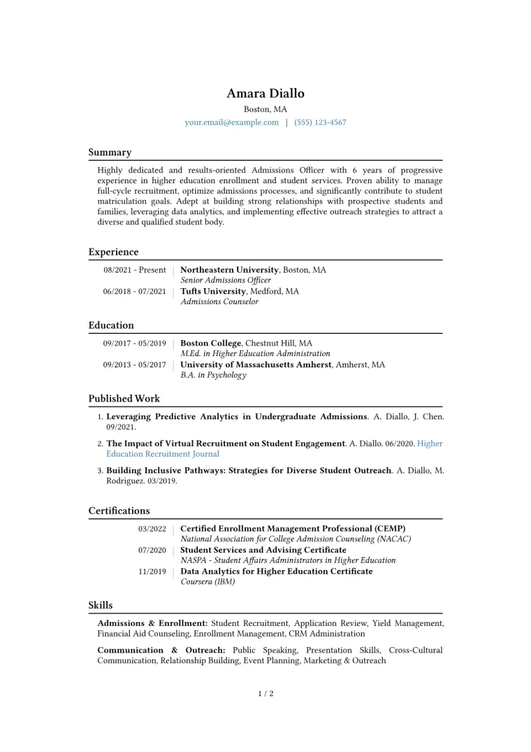 Admissions Officer Resume Example CV template preview