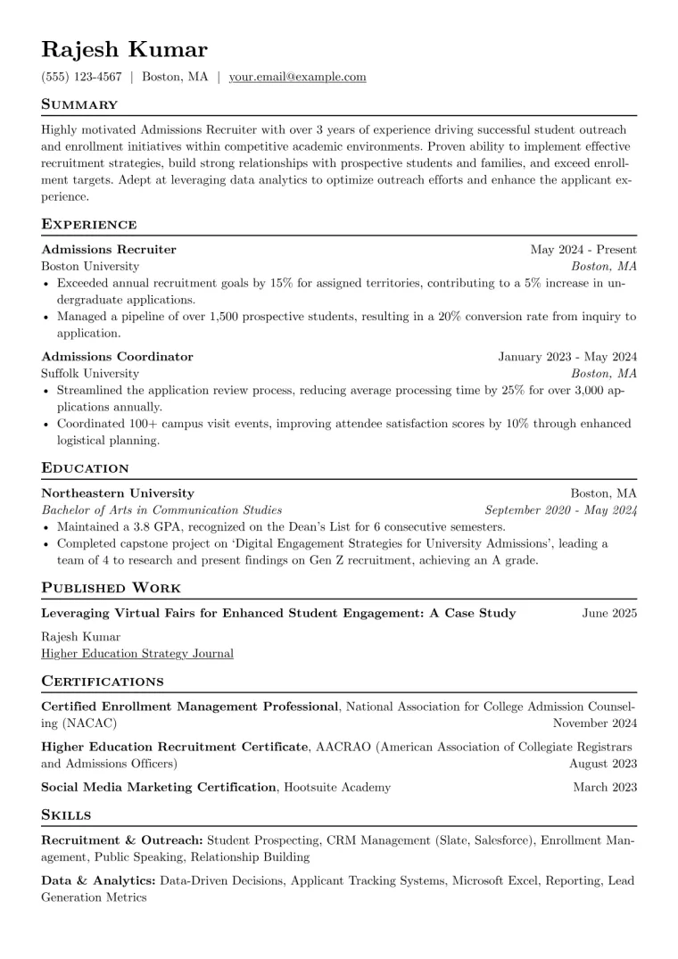 Admissions Recruiter Resume Example preview
