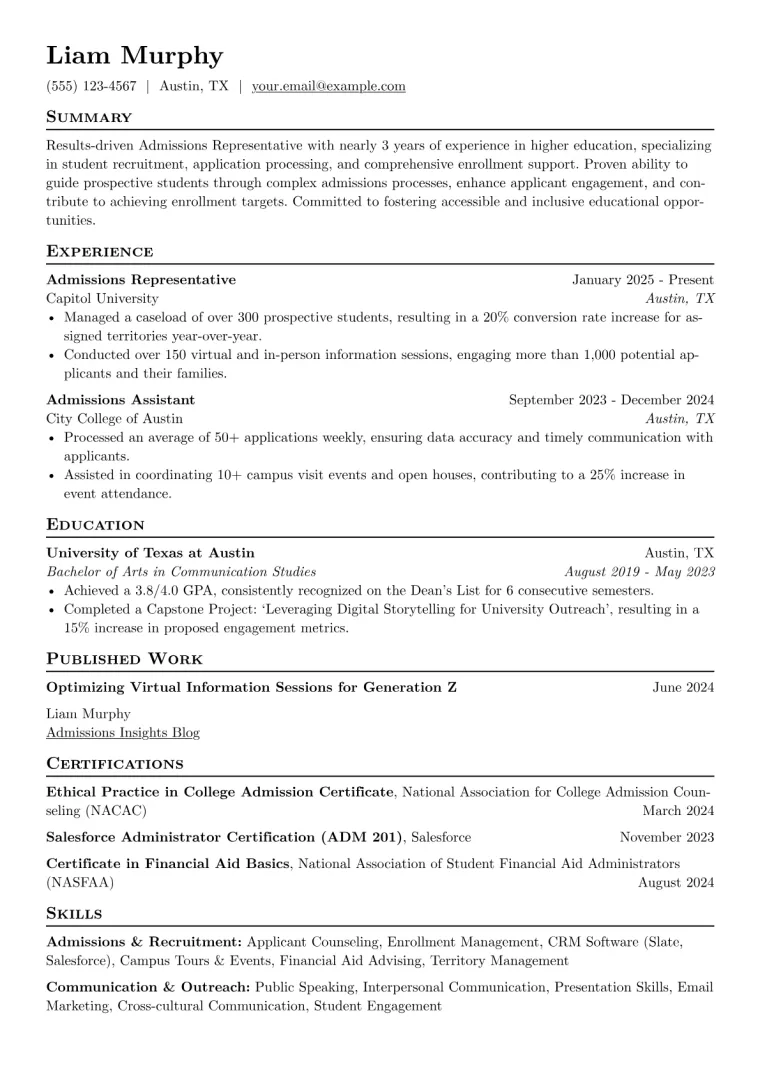 Admissions Representative Resume Example preview