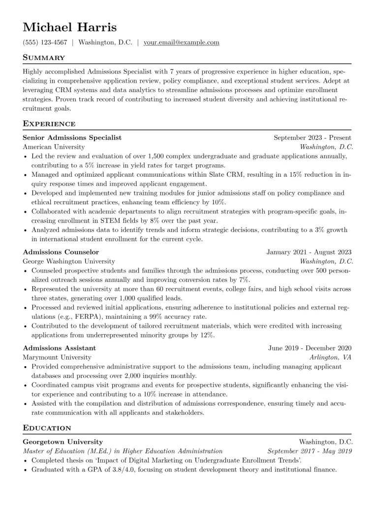 Admissions Specialist Resume Example preview