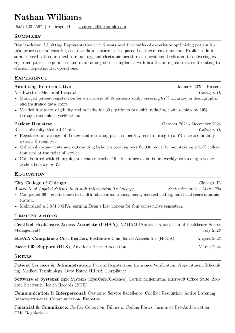 Admitting Representative Resume Example preview
