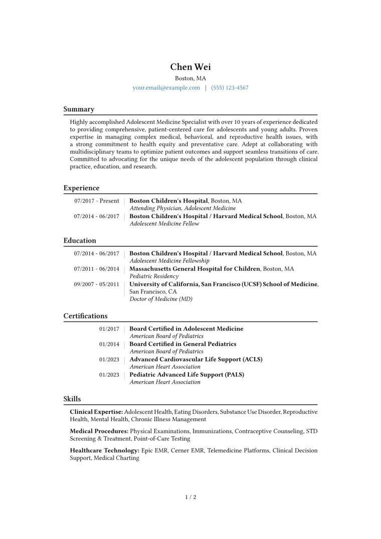 Adolescent Medicine Specialist Resume Example CV template preview