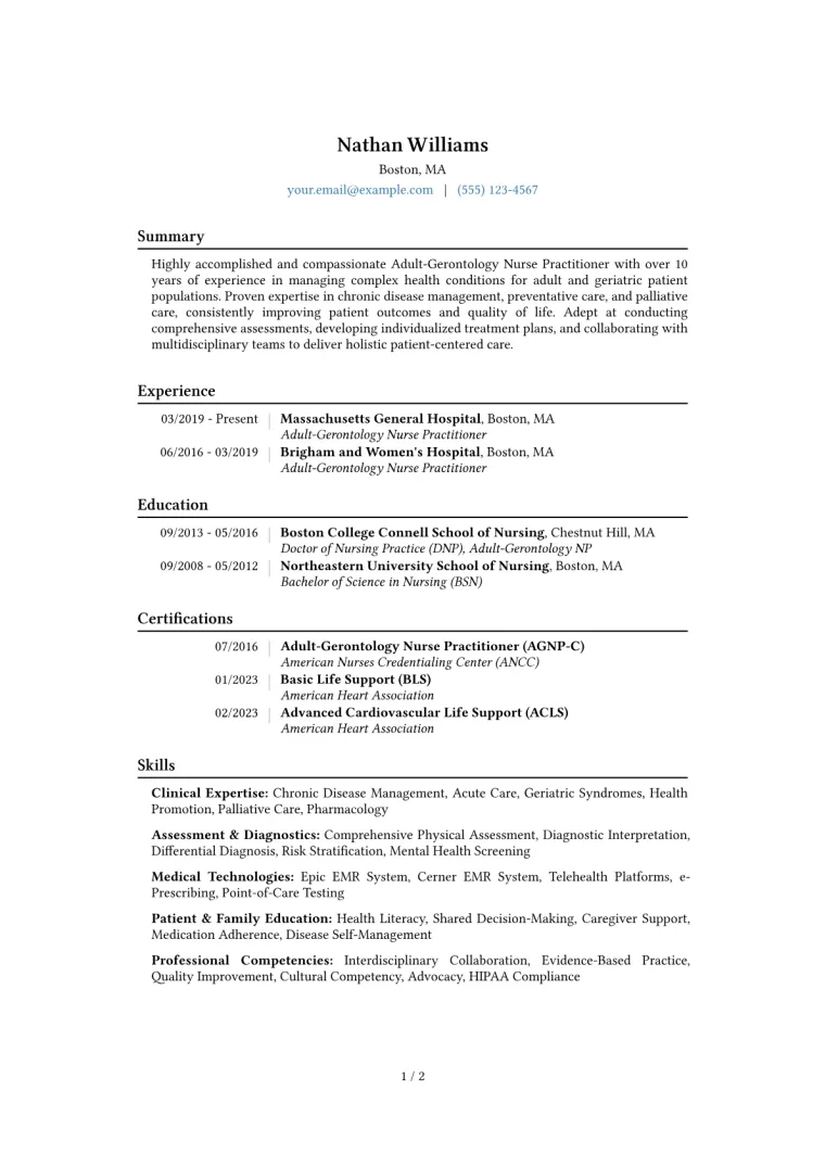 Adult-Gerontology NP Resume Example CV template preview
