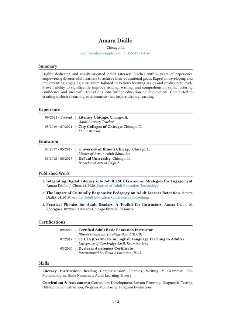 Adult Literacy Teacher Resume Example CV template preview