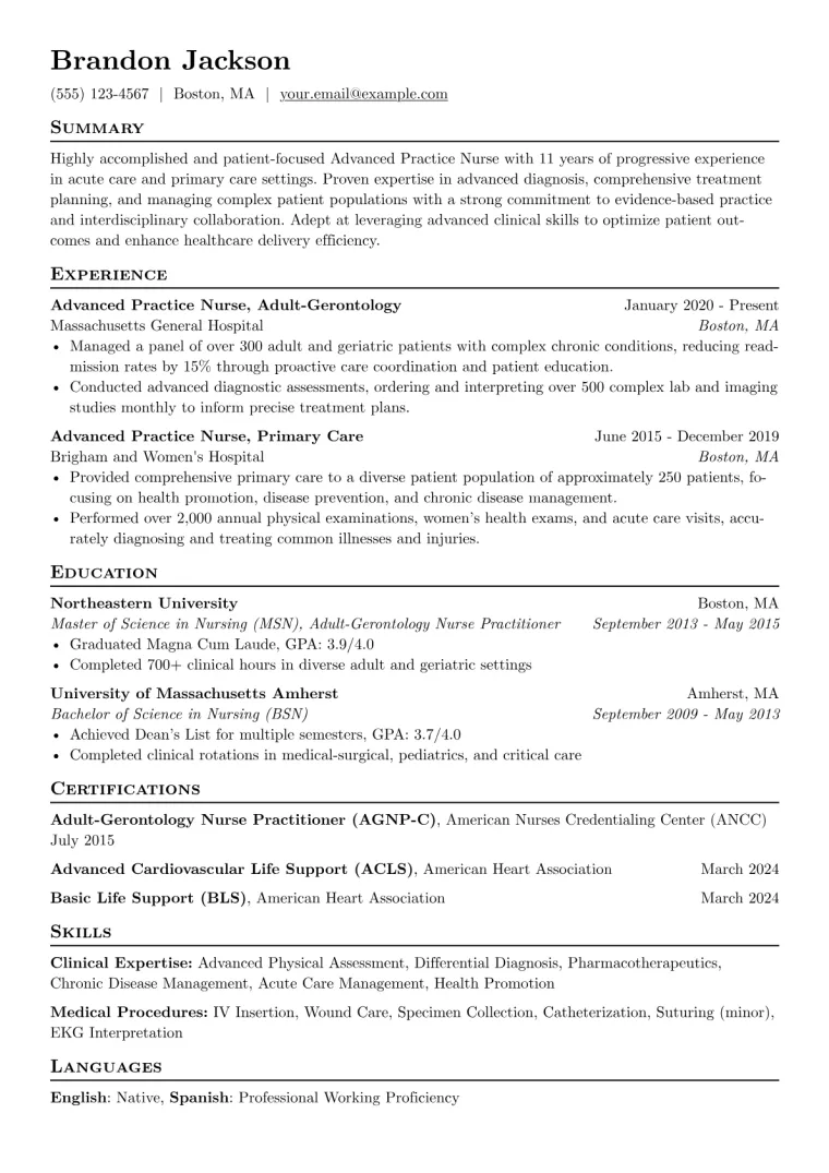 Advanced Practice Nurse Resume Example CV template preview