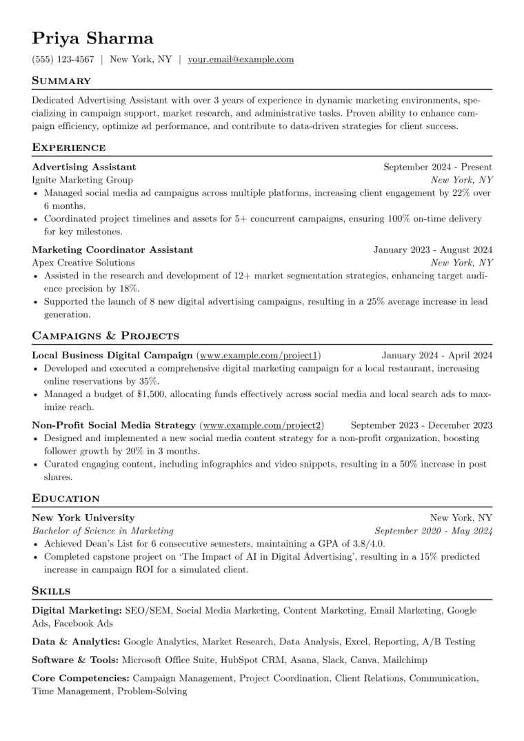 Advertising Assistant Resume Example CV template preview