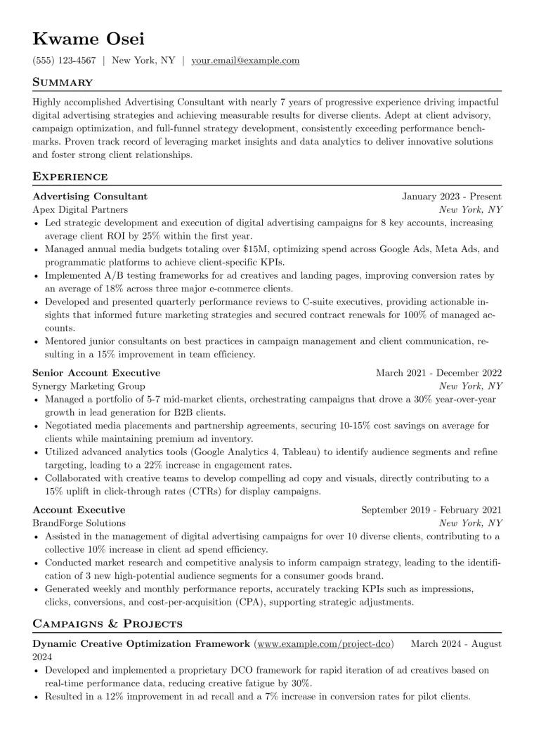 Advertising Consultant Resume Example CV template preview