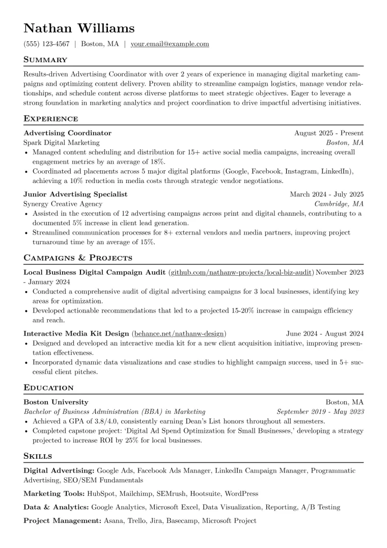 Advertising Coordinator Resume Example CV template preview