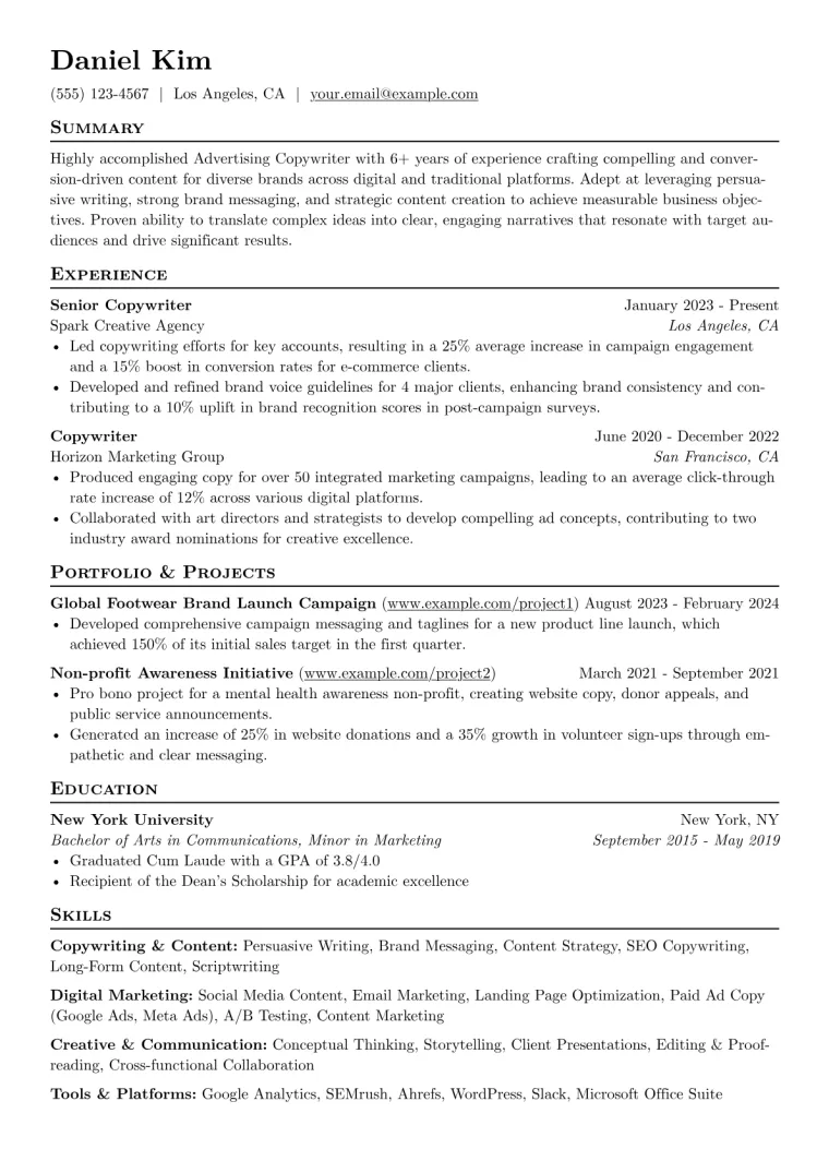 Advertising Copywriter Resume Example CV template preview