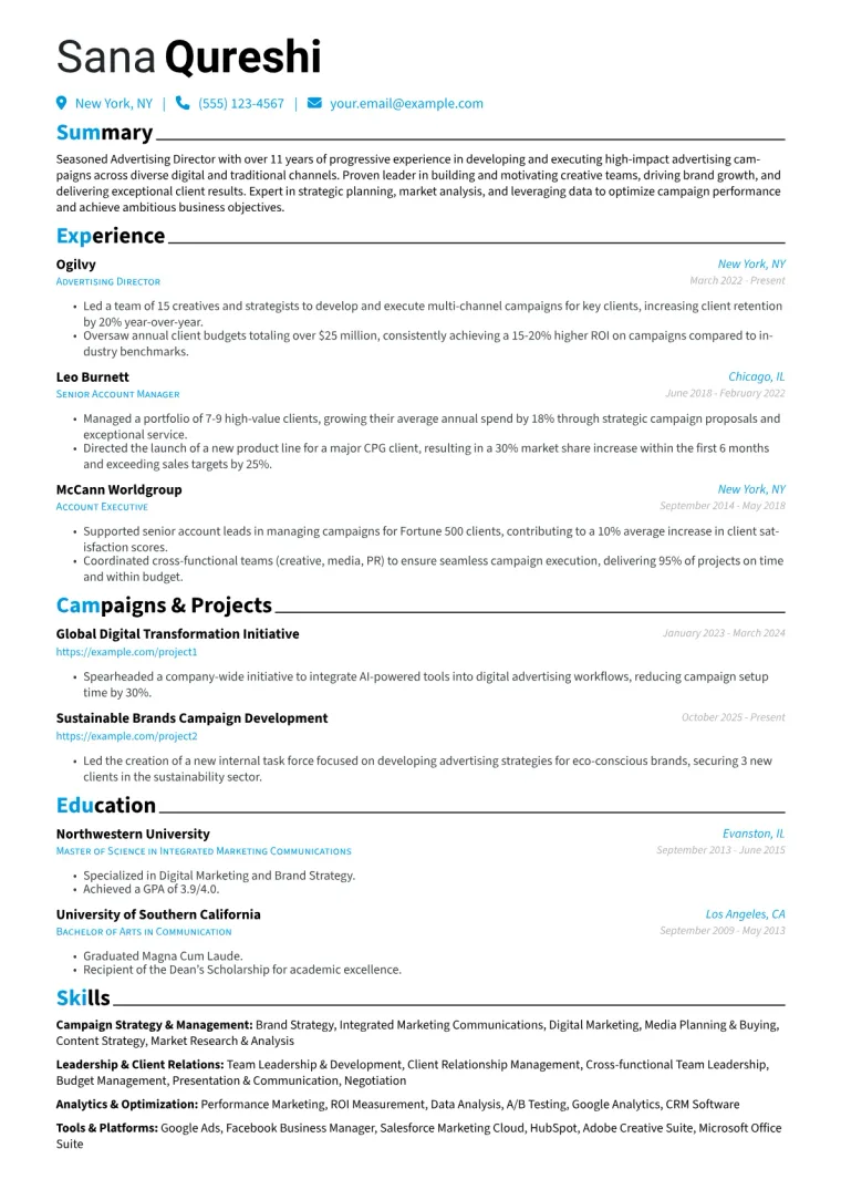 Advertising Director Resume Example CV template preview