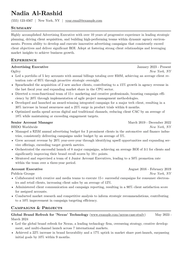 Advertising Executive Resume Example CV template preview