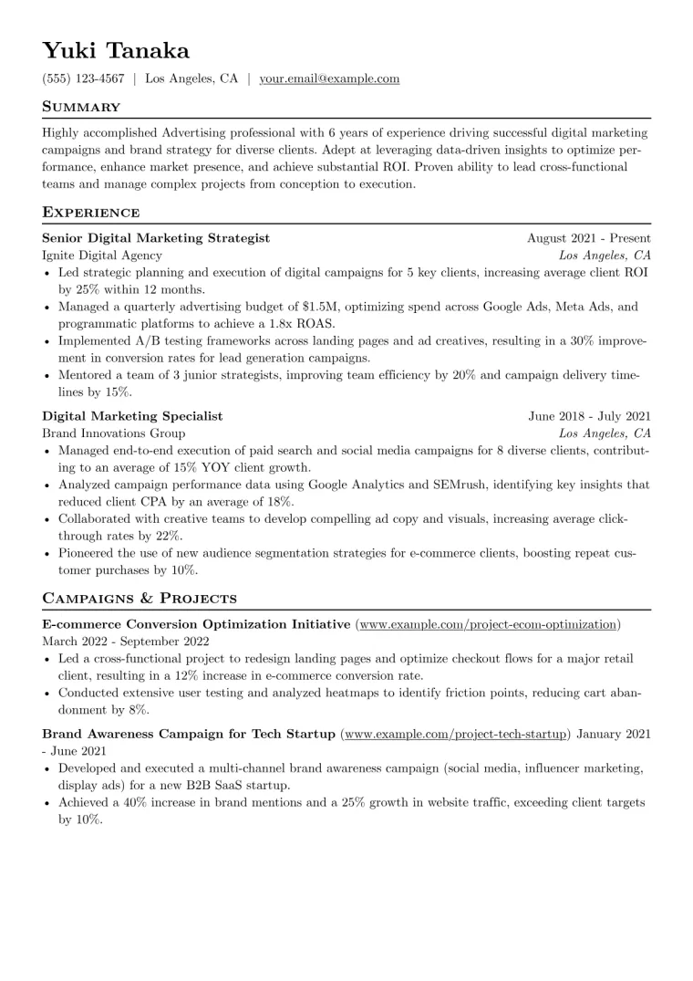Advertising Resume Example CV template preview