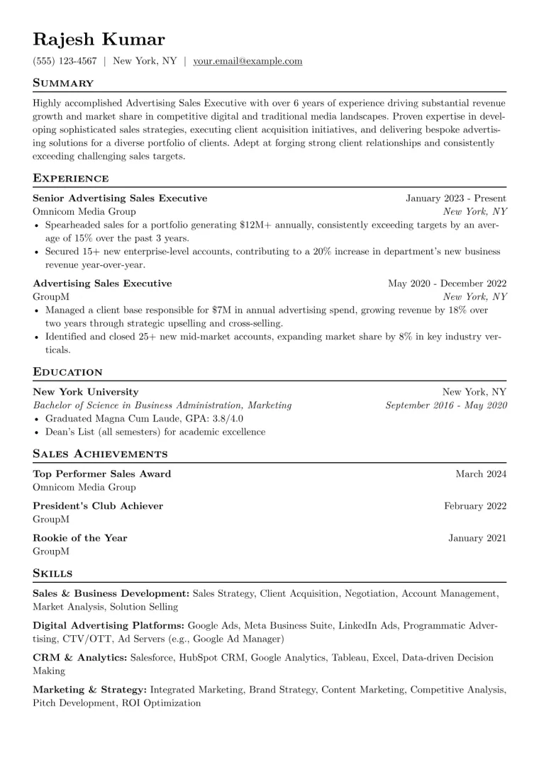 Advertising Sales Executive Resume Example preview
