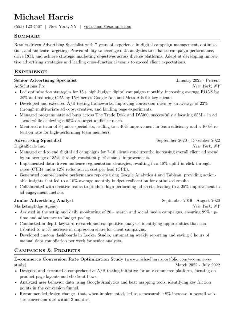 Advertising Specialist Resume Example CV template preview