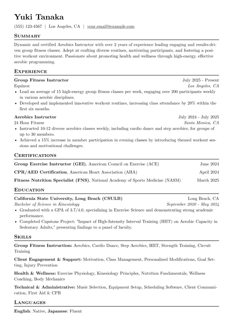 Aerobics Instructor Resume Example preview